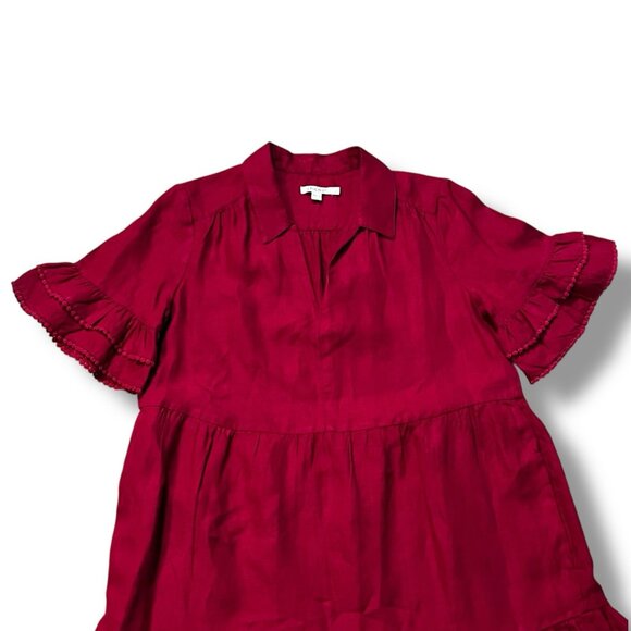Chico's Linen Midi Dress Size 1 (8) Magenta Tiered Long Ruffle V Neck Pockets - Picture 4 of 11